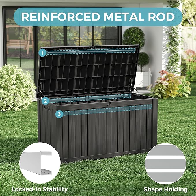 NUNU LAB 151 Gallon Outdoor Storage Box,Resin Large Sturdy Deck Box, Backyard Outside Storage Box Waterproof with Double Wall Panels,Package Delivery Garden Outdoor Hose Storage Bin,Black
