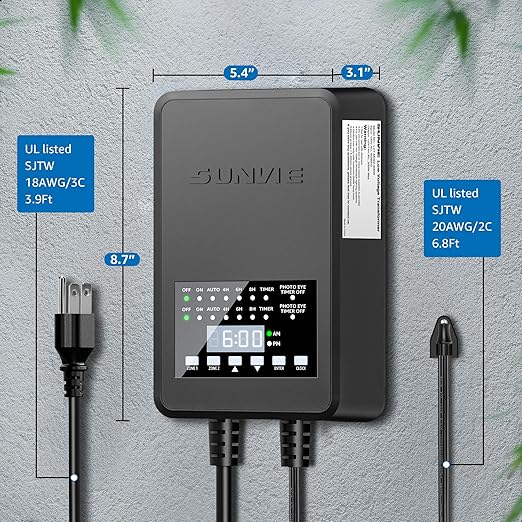 SUNVIE 300W Low Voltage Landscape Transformer with 2 Independent Control Output Landscape Lighting Transformer with Timer and Photocell Sensor 120V AC to 12/14V AC Weatherproof Low Voltage Transformer