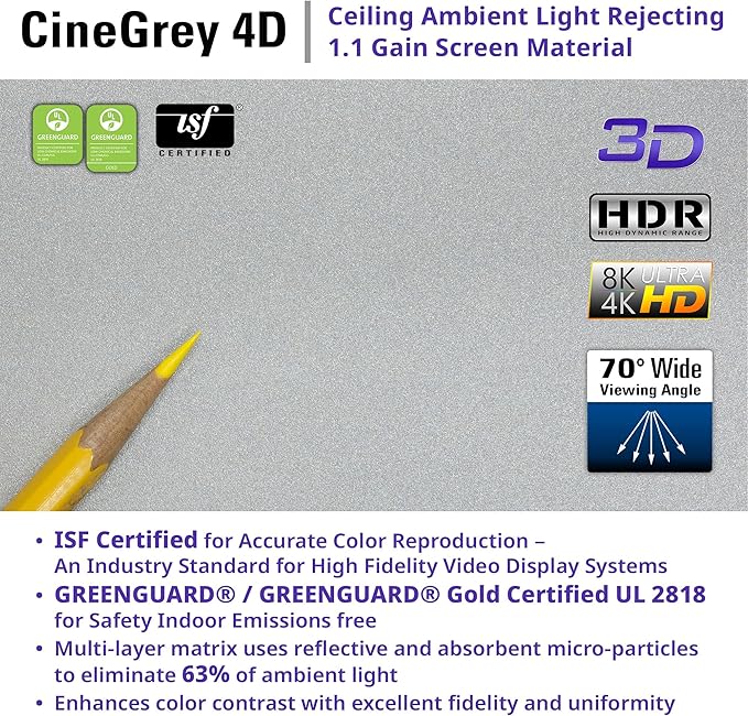 Elite Screens ezCinema Tab-Tension CineGrey 4D, 123-inch 16:9, Manual Floor Pull Up ISF Ceiling Ambient Light Rejecting, Portable Home Office Classroom Projector Screen with Carrying Bag, FT123UH-C4D