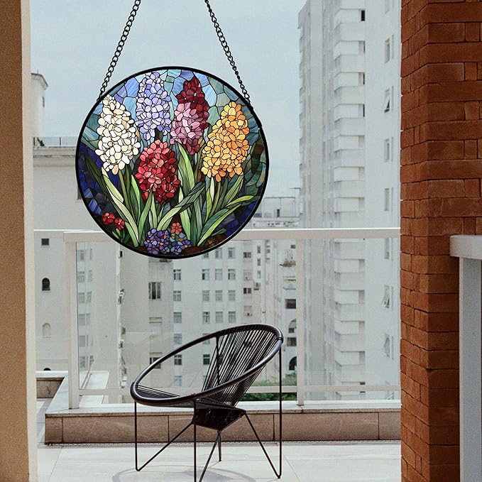 DASTOLL Stained Glass Window Hanging, Colorful Hyacinth Flowers Suncatcher for Doors Window Home Plant Sun Catchers Decoration Mother's Day Birthday Gifts for Women, Men, and Mom 6.3x6.3 in