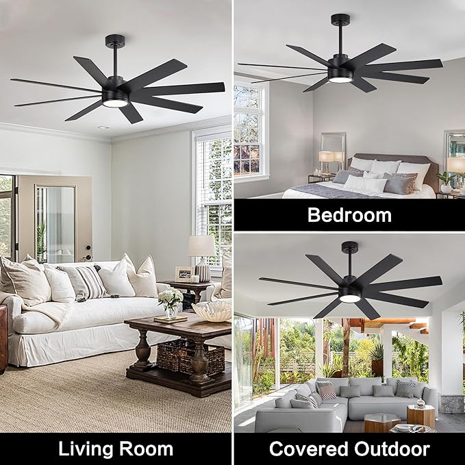 WINGBO 60" Large DC Ceiling Fans with Lights and Remote, 3 Downrods, 8 Plywood Blades, 6-Speeds Reversible DC Motor, 3CCT, Indoor Ceiling Fan for Bedroom Living Room Patio, Black