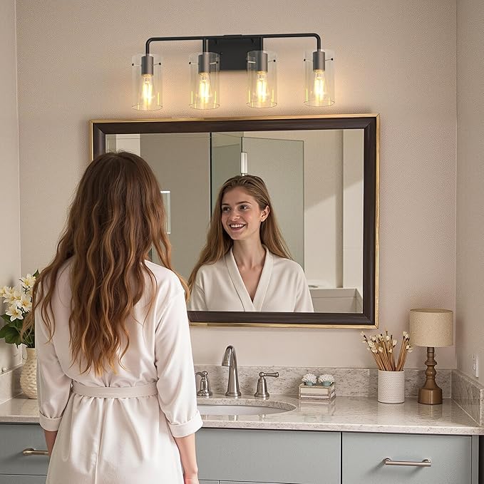 L LOHAS LED 4-Light Bathroom Light Fixtures, 26.37" Black Bathroom Vanity Light with Straight Glass Shades, Modern Vanity Lights for Mirror Living Room Hallway, E26, ETL Listed