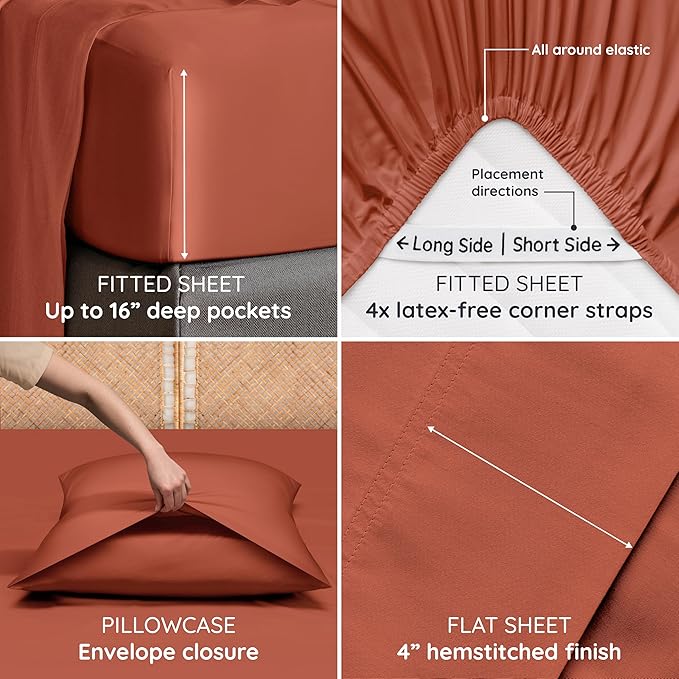 Bambaw 100% Viscose Derived from Bamboo Sheets California King Size Set – 4pcs Deep Pocket Cooling Sheets, Fits Up to 16'', Bedding for Night Sweats, Extra Soft Sheet Set (Terracotta)