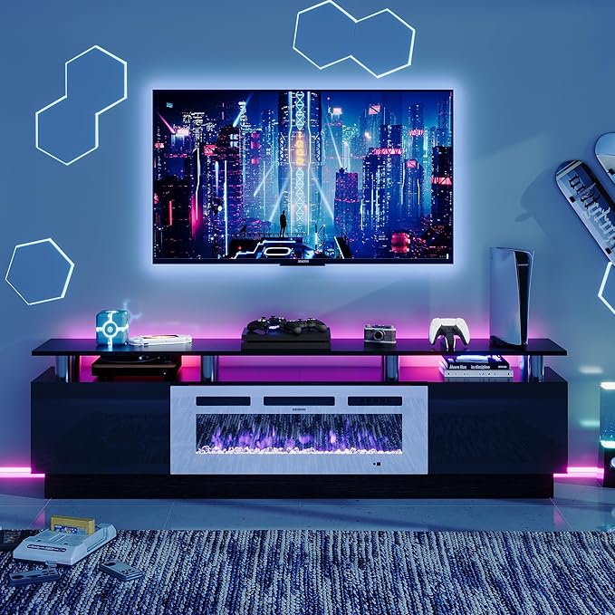 oneinmil Fireplace TV Stand with 36” Electric Fireplace, 70” 2 Tier TV Console Stand for TVs Up to 80", LED Light Entertainment Center, Fireplace for The Living Room TV Stand, Black