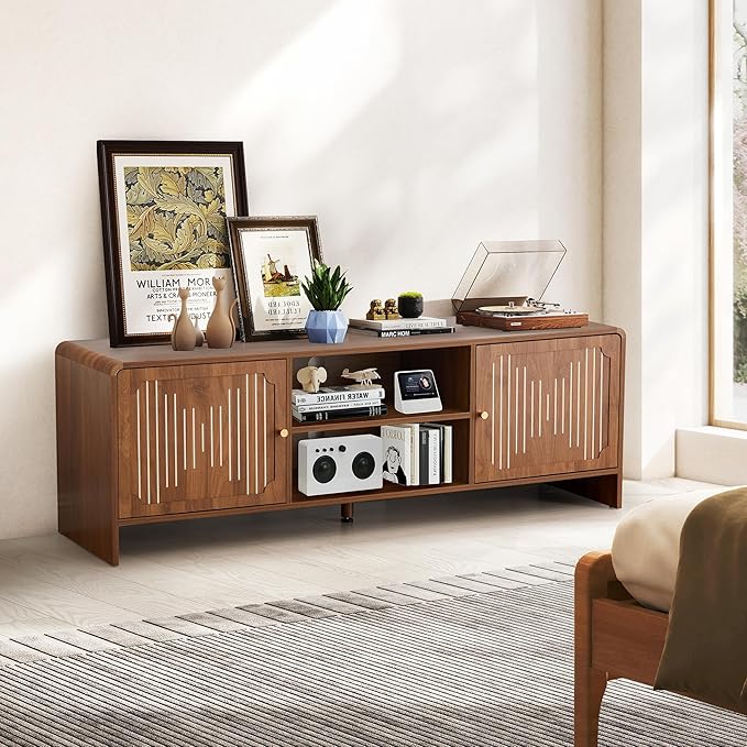 MAHYIZYI 58'' TV Stand for 65 inch TV, Mid Century Modern Entainment Center with Storage Cabinets & Open Shelf, Wood Media TV Console Table for Living Room, Office