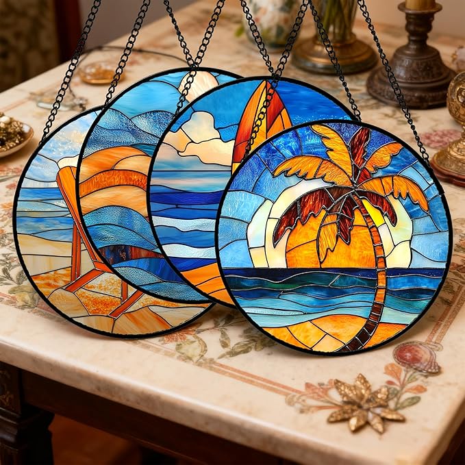 DASTOLL Stained Glass Window Hanging 4 Pcs Set Blue Orange Ocean Beach Theme 9.8" - Suncatcher Door Garden Sun Catcher Decor Birthday Christmas for Mom Woman Nana Men Wife