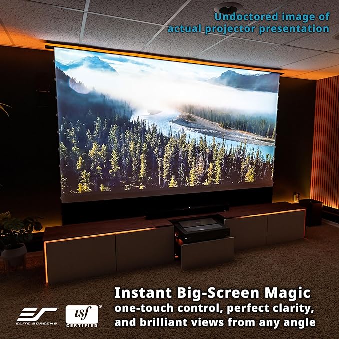 Elite Screens Kestrel Tab-Tension 3 CineWhite, 122 inch 16:9 Aspect Ratio, ISF Certified, Electric Floor-Rising Motorized Tab-Tensioned Front Projector Screen, Programmed Remote Kit, FTE122H3