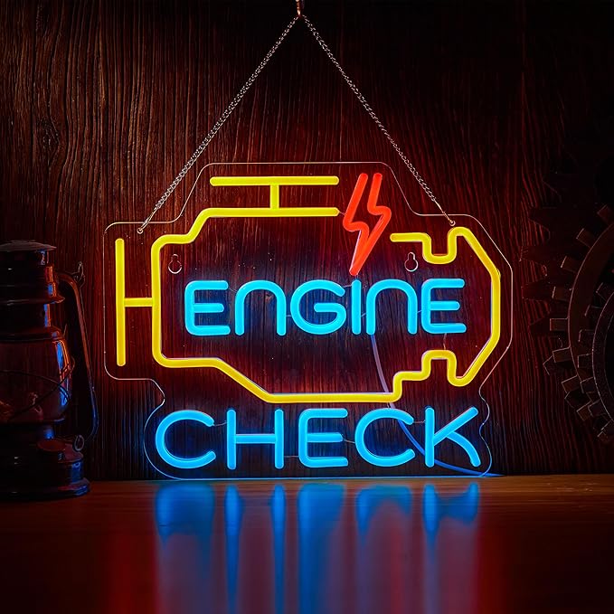Check Engine Neon Sign for Garage Wall Decor Check Engine Neon Signs Car Auto Repair Workshop Sign with Dimmable USB Powered Signs Décor (17X13in)