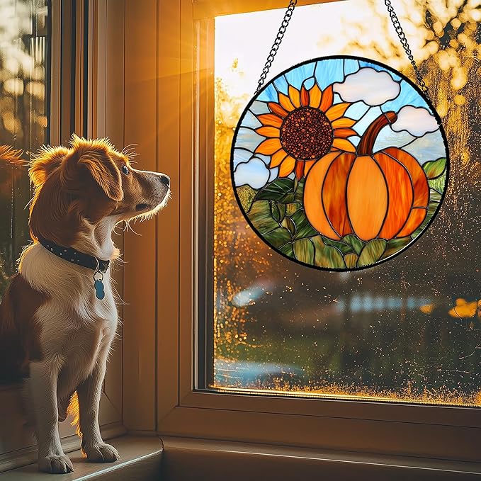 DASTOLL Stained Glass Window Hanging Fall Farm Scenery Sunflower Pumpkin 6.3" - Suncatcher Door Garden Kitchen Sunroom Sun Catcher Home Decor Birthday for Mom Grandma Men Woman