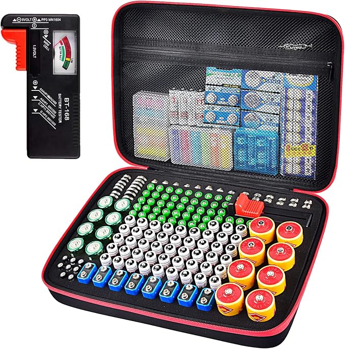 Battery Organizer Storage Holder Case Box with Tester Checker BT-168. Holds 225 Batteries AA AAA C D Cell 9V 3V Lithium (Red)