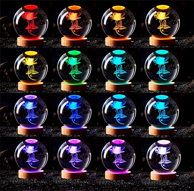 3D Rose Crystal Ball Lamp,3.15 inch Crystal Ball Night Light with Wooden Base,16 Colors Changing Light,Dimmable Remote Control,Rose Flower Desk lamp (G)