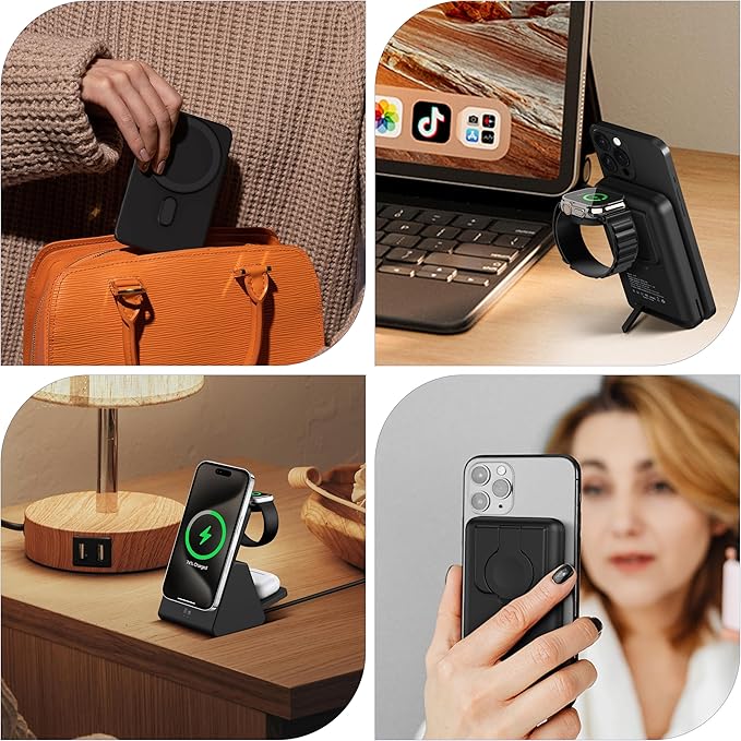 Smtcsl 3-in-1 Wireless Charging Station: Portable 10000mAh Power Bank Charger Compatible for Phone Air/17/16/15/14/13/12 Series and Watch - Detachable Magnetic Charging Stand Black