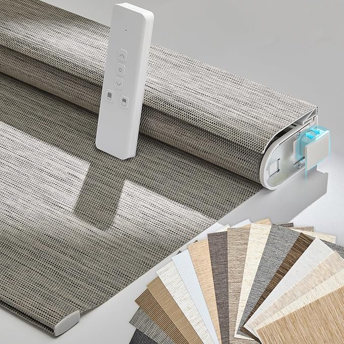 Persilux Smart Motorized Blinds with Remote, No Drill Automatic Roller Shades for Indoor Windows, Light Filtering Linen Fabric, Electric Blinds for Windows, Weave Blend Smoke C162-7, Custom Size