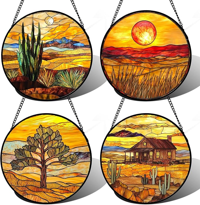 DASTOLL Stained Glass Window Hanging 4 Pcs Set Desert Sunset Theme Landscape Large 11.8" - Suncatcher Door Garden Sun Catcher Decor Birthday Christmas for Mom Woman Nana Men