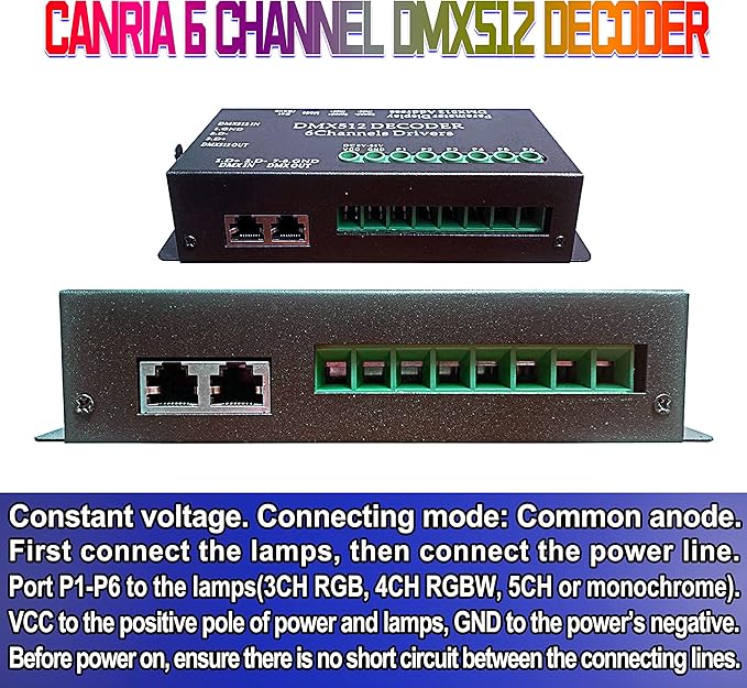 CANRIA DC 5V-24V 6 Channel DMX512 Decoder LED Controller, for RGBRGB RGBW RGBWW RGBWWW LED Strip Light, 4-Digit Display