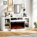 CharaVector 63 inch Fireplace TV Stand for TVs up to 75" with 30" 3-Sided Electric Fireplace, Farmhouse Entertainment Center with Glass Doors & Storage Cabinet, White Oak