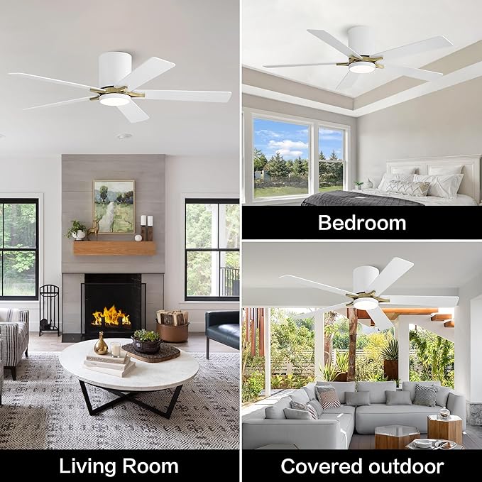 WINGBO 48" DC Flush Mount Ceiling Fan with Lights, 5 Plywood Blades, 6-Speed Reversible DC Motor, 3CCT, Low Profile Hugger Ceiling Fan for Living Room Bedroom Kitchen, White and Brass