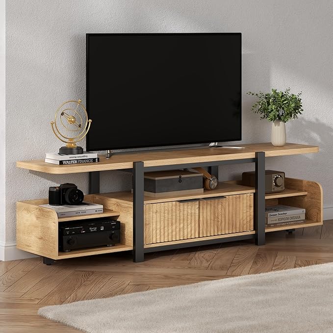 TV Stand with LED Lights and Storage cabinet for TVs up to 55"/65'', Modern Entertainment Center with Open Shelf, TV Cabinet, Media Console Table with Fluted Doors for Living Room, Bedroom, Oak