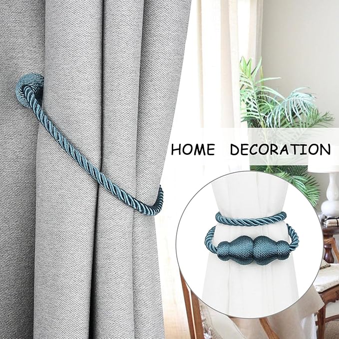 Nieffeiy Magnetic Curtain Tiebacks Outdoor Curtain Tie Backs Rope Decorative Magnetic Curtain Holders for Drapes Window Treatment Holdbacks, Blue 4Pack