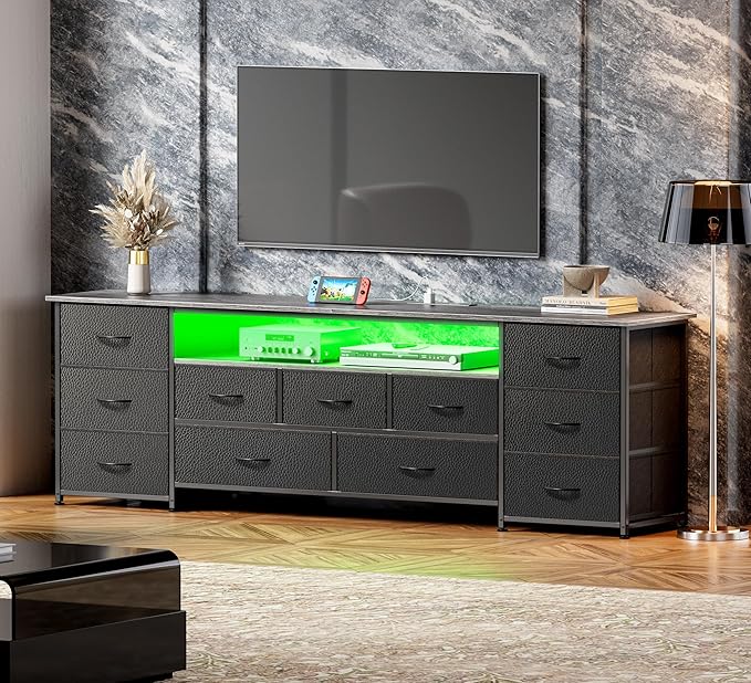 Huuger 70 Inch TV Stand for 75, 80 Inch TV, 11 Drawer Long Dresser with Power Outlets and LED Lights, Entertainment Center with Storage, Grey Dresser with PU Leather Surface, 1TS011H