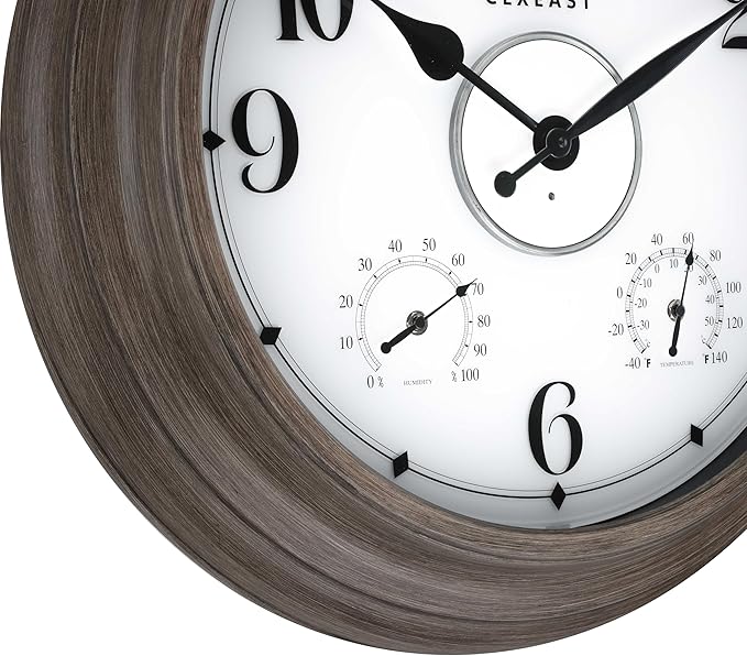 CLXEAST 24 Inch LED Illuminated Outdoor Clocks Waterproof with Thermometer & Hygrometer, Large Lighted Metal Wall Clock with Smart Night Light Sensor,Grey Oak Finish,House Warming Gifts New Home