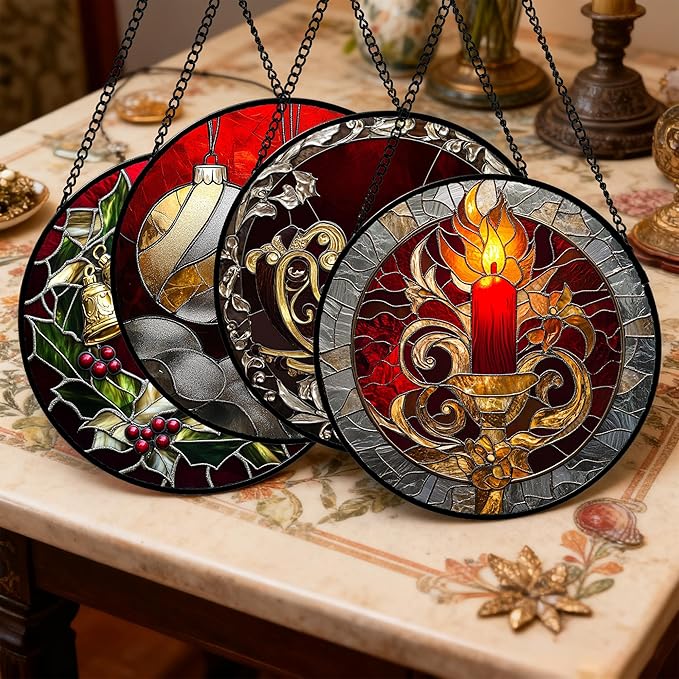 AMDERVEN Stained Glass Window Hanging 4 Pcs Set Christmas Golden Bell Sleigh 6.3" - Suncatcher Door Garden Sun Catcher Decor Birthday Mother's Day Xmas Gifts for Mom Woman Nana Men Parents
