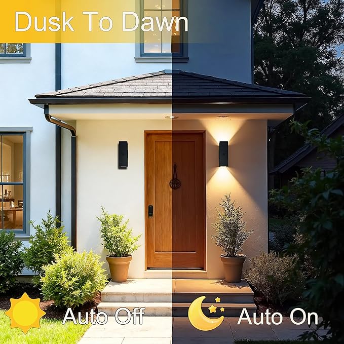 WISELUME 2 Pack Motion Sensor Outdoor Wall Lights, Dusk to Dawn Up & Down Sconces with E26 Dimmable LED Bulbs, Black Aluminum Porch, Patio, Garage,Front Door Lighting Fixtures, ETL Listed