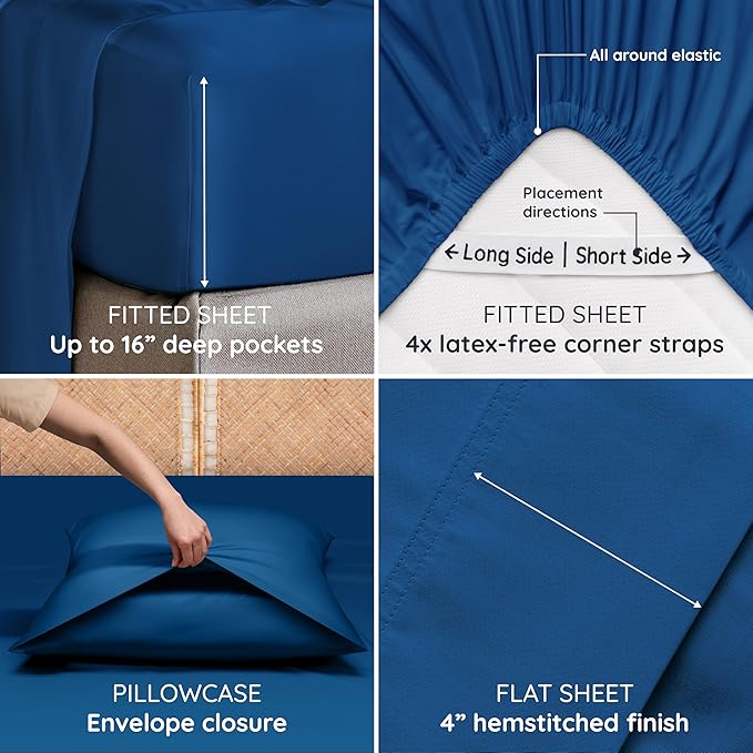 Bambaw California King Sheet Set 4pcs – 100% Viscose Derived from Bamboo Sheets, Deep Pocket Cooling Sheets, Fits Up to 16'' with Elastic Corner Straps, Extra Soft Sheet Set (Navy Blue)