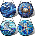 DASTOLL Stained Glass Window Hanging 4 Pcs Set Blue Ocean Waves 9.8" - Starfish Crab Seal Suncatcher Door Garden Sun Catcher Decor Birthday for Mom Woman Nana Men Friend