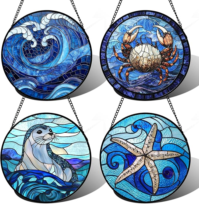 DASTOLL Stained Glass Window Hanging 4 Pcs Set Blue Ocean Waves 6.3" - Starfish Crab Seal Suncatcher Door Garden Sun Catcher Decor Birthday for Mom Woman Nana Men Friend