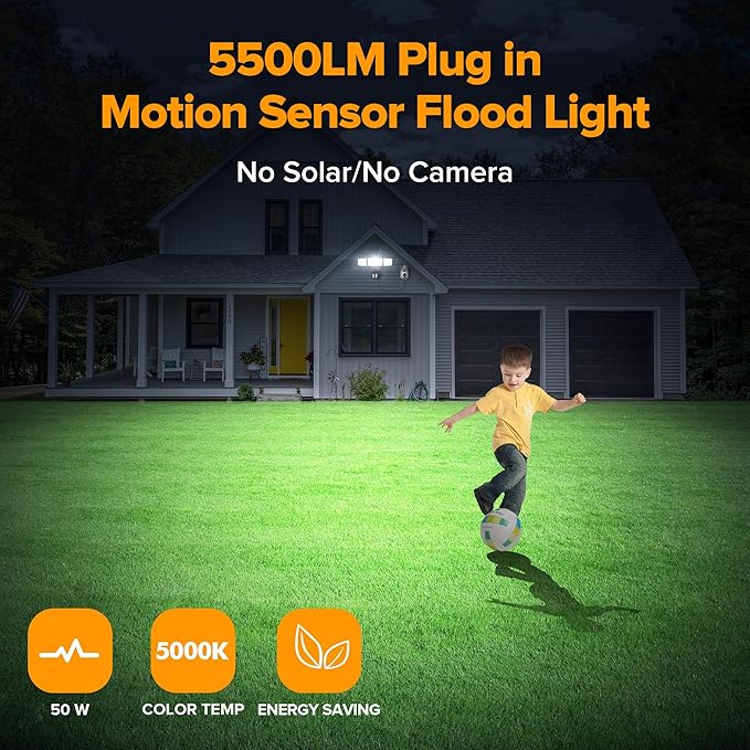LUTEC 50W Motion Sensor Outdoor Lights, 5500 LM Plug in Flood Light Outdoor, Dusk to Dawn, IP65 Waterproof Security Lighting, 5000K Daylight, Adjustable Wall-Mounted for Garage, Yard, Porch (Black)