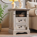 Farmhouse Nightstand with Charging Station, 18" End Table with 2 Drawers Storage and 1 Storage Shelf, Wooden Side Table w/Roman Column, Bedside Cabinet for Bedroom, Living Room, Light Rustic Oak