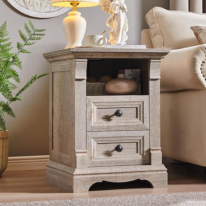 T4TREAM Farmhouse Nightstand Set of 2, 18" Side Table with Charging Station, Wood End Table w/Roman Column, Bedside Cabinet for Bedroom, Living Room, Light Rustic Oak