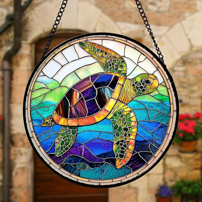 DASTOLL Stained Glass Window Hanging, Colored Turtle Ocean Suncatcher Diamond Glass Panel Hangings Marine Life Sun Catchers Decor for Birthday for Women, Men, Wife, Aunt, Mom 9.8 in