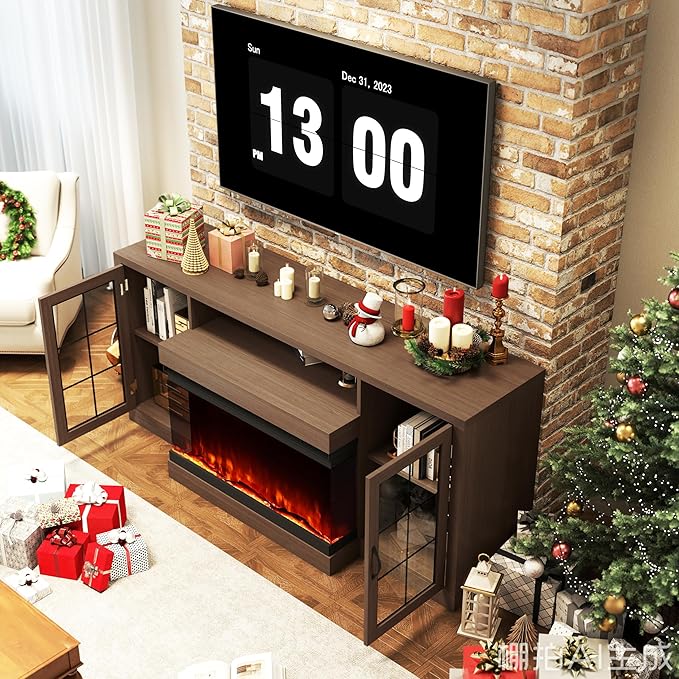 CharaVector 63 inch Fireplace TV Stand for TVs up to 75" with 30" 3-Sided Electric Fireplace, Farmhouse Entertainment Center with Glass Doors & Storage Cabinet, Brown