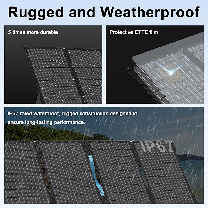 E-POWO 60W Portable Solar Panels Chargers with USB-C, USB-A and DC Outputs Foldable IP67 Waterproof Solar Panel for Camping,Power Emergency for Small Power Station,Phones, Power Banks