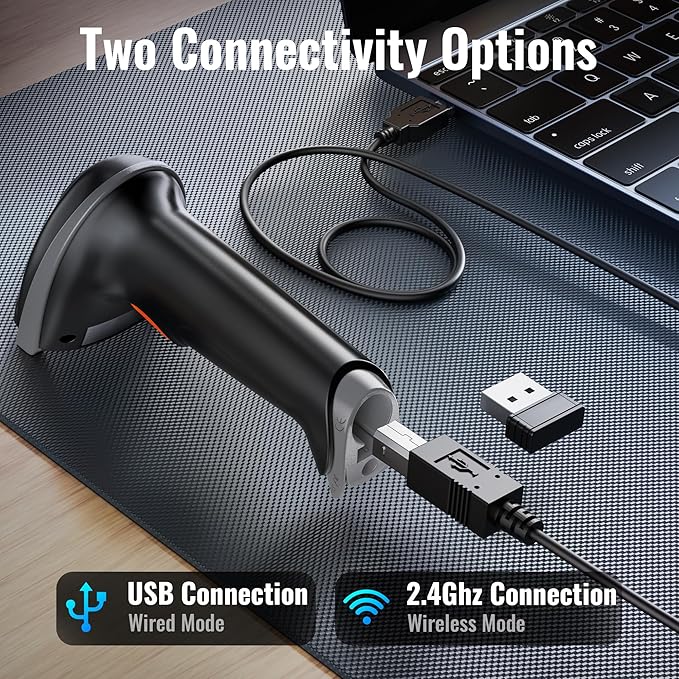 Tera Barcode Scanner Wireless Versatile 2-in-1 (2.4Ghz Wireless+USB 2.0 Wired) with Battery Level Indicator, 328 Feet Transmission Distance Rechargeable 1D Laser Bar Code Reader USB Handheld (Grey)