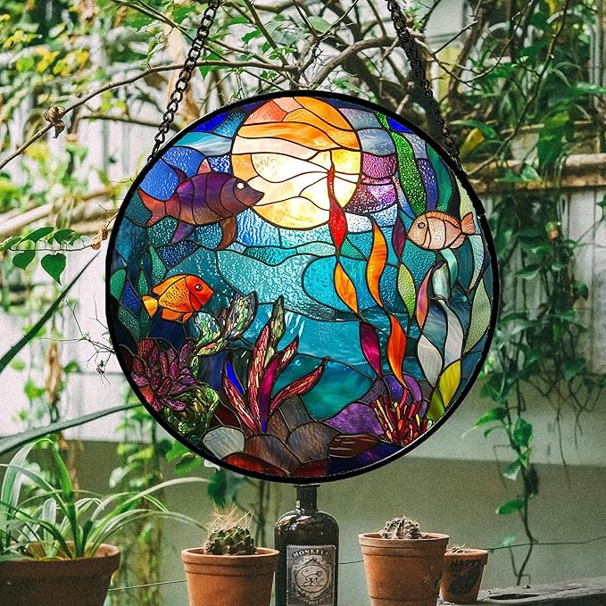 AMDERVEN Stained Glass Window Hanging - Blue Ocean World Small Fish Coral Sun Catcher for Door Garden Home Decor Sea Suncatcher Christmas Mother's Day Birthday Gifts for Women Men Mom Nana 7.8 in