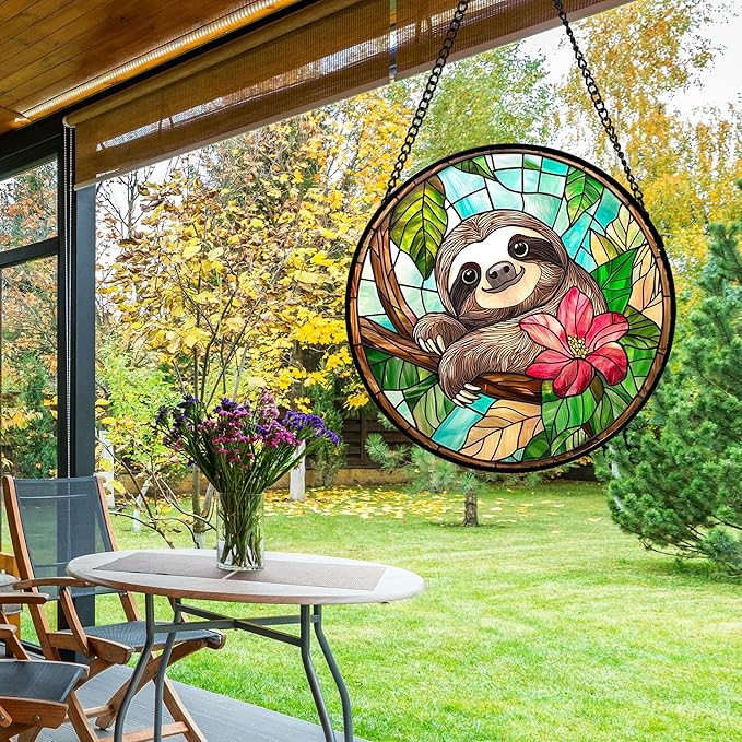 AMDERVEN Stained Glass Window Hanging, Cute Sloth Sun Catcher for Door Home Decor Animal Suncatcher Christmas Mother's Day Birthday Gifts for Women Men Mom and Nana 6.3 in