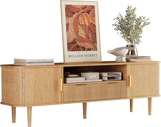 DAMCROP 62.4 Inch Fluted TV Stand, Modern Media Console Table with Sliding Tambour Door Farmhouse Sideboard Buffet Cabinet Fits TVs up to 75 inch, Wood Entertainment Center for Living Room(Oak)