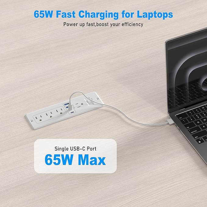 65W USB C Recessed Power Strip, Flush Mount Desktop Recessed Outlet with 4AC & 2 PD GaN USB C & 2 USB-A Ports, 10ft Furniture Hidden Drawer Fast Charging Station for Home Office