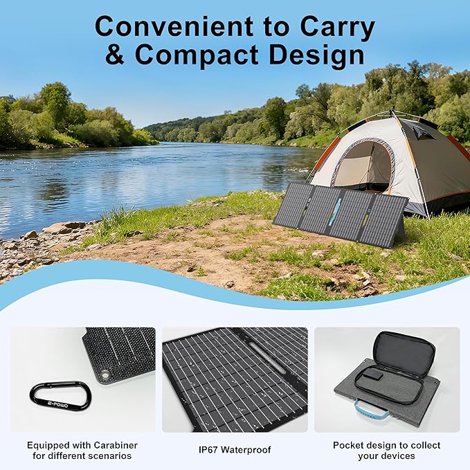 E-POWO 60W Portable Solar Panels Chargers with USB-C, USB-A and DC Outputs Foldable IP67 Waterproof Solar Panel for Camping,Power Emergency for Small Power Station,Phones, Power Banks