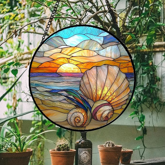 AMDERVEN Stained Glass Window Hanging - Colorful Beach Shells Conch Sun Catcher for Door Home Decor Ocean Suncatcher Christmas Mother's Day Birthday Sea Lover Gifts for Women Men Mom Nana 7.8 in