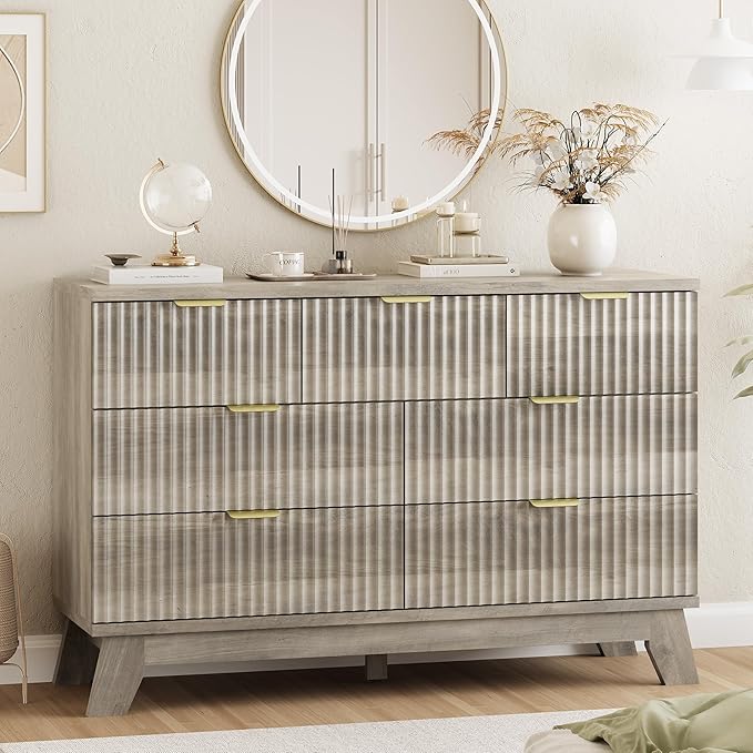 Xixini Fluted Dresser for Bedroom with 7 Drawers, 48" Wide Modern Chest of Drawers with Metal Handle, Wood Dresser TV Stand, Wooden Closet Clothes Storage Organizer for Living Room, Hallway, Grey