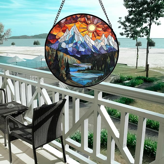 AMDERVEN Stained Glass Window Hanging - Colorful Mountain Lake Landscape Sun Catcher for Door Garden Home Decor Suncatcher Christmas Mother's Day Birthday Gifts for Women Men Mom Nana 6.3 in