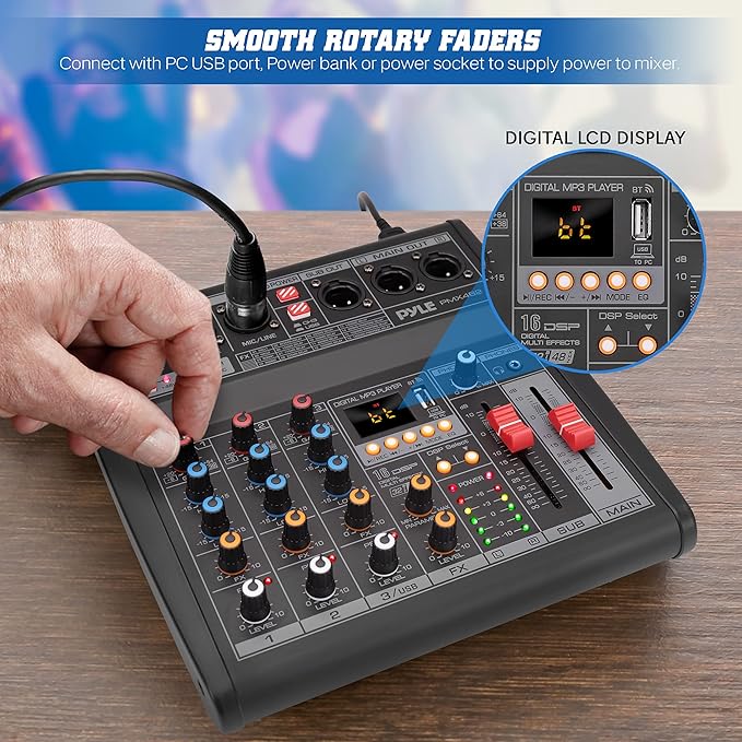 Pyle Professional DJ Audio Mixer - 3-Channel Controller with 16 Preset DSP Effects - USB Interface - 3 Mic/Line Inputs - +48V Phantom Power - Built-in FX Processor - MP3 Player/Headphone Jack - PMX462