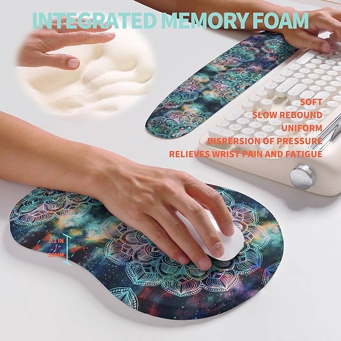 KUOSGM 2-in-1 Ergonomic Set, Wave Rise Keyboard Wrist Rest and Massage Bulge Slope Mouse Pad Wrist Support, Cushion Memory Foam Integrated to Relieve Wrist Pain, Galaxy Mandala