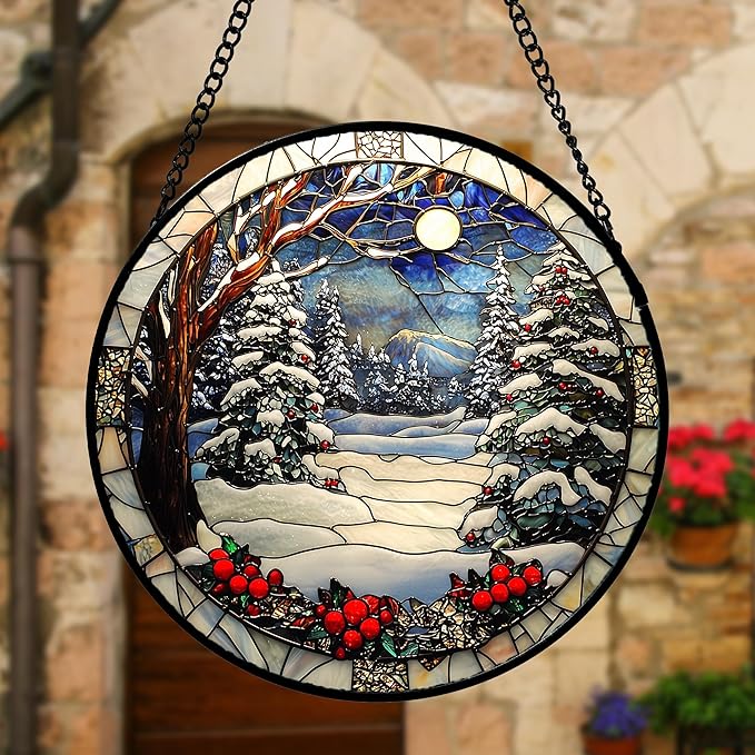 DASTOLL Stained Glass Window Hanging Christmas Tree Winter Snow Night Scenery Large 11.8" - Suncatcher Door Garden Kitchen Sun Catcher Home Decor Birthday for Mom Men Woman Friend