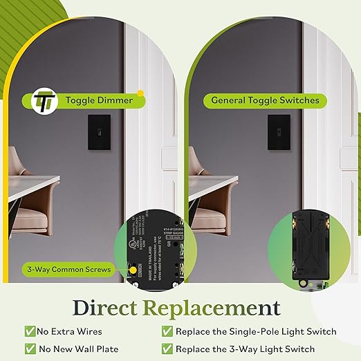TG Digital Toggle Dimmer Light Switch for Dimmable LED, CFL and Incandescent Light Bulbs, Single Pole/ 3-Way Toggle LED Dimmer Light Switch, UL Listed, Wall Plate Sold Separately,1 Pack, Black