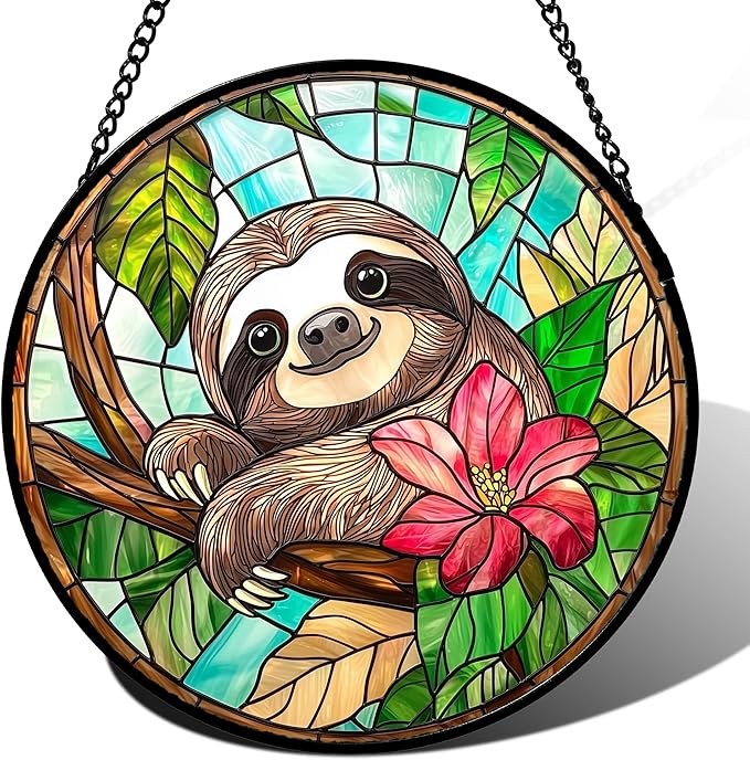 AMDERVEN Stained Glass Window Hanging, Cute Sloth Sun Catcher for Door Home Decor Animal Suncatcher Christmas Mother's Day Birthday Gifts for Women Men Mom and Nana 9.8 in
